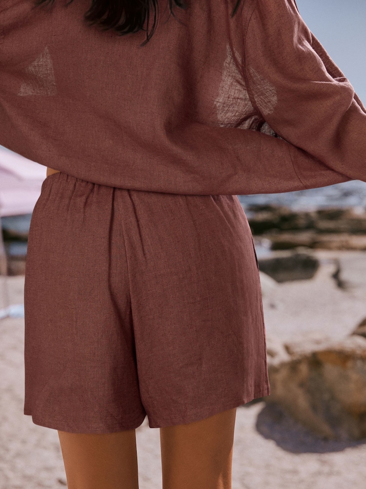 self. Chocolate Brown Beach Shorts with Linen - Image 2 of 4