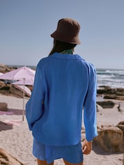 self. Cobalt Blue Beach Co-ord Shirt with Linen - Image 3 of 4