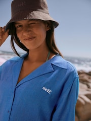 self. Cobalt Blue Beach Co-ord Shirt with Linen - Image 4 of 4
