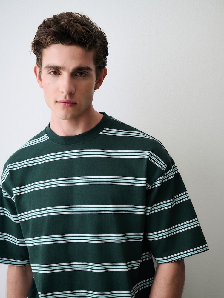 Green Striped Heavy Weight T-Shirt - Image 1 of 7 Green Striped Heavy Weight T-Shirt - Image 1 of 7
