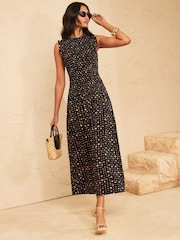Love & Roses Black Floral Shirred Drop Waist Midi Dress - Image 1 of 4