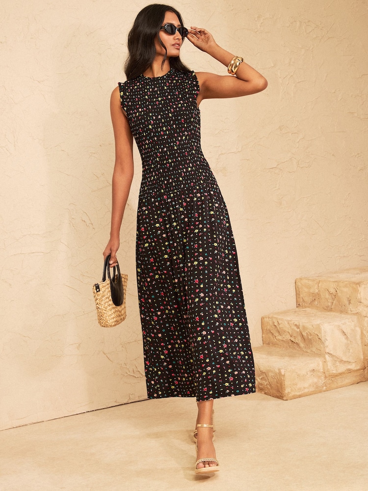 Love & Roses Black Floral Shirred Drop Waist Midi Dress - Image 1 of 4