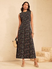 Love & Roses Black Floral Shirred Drop Waist Midi Dress - Image 3 of 4