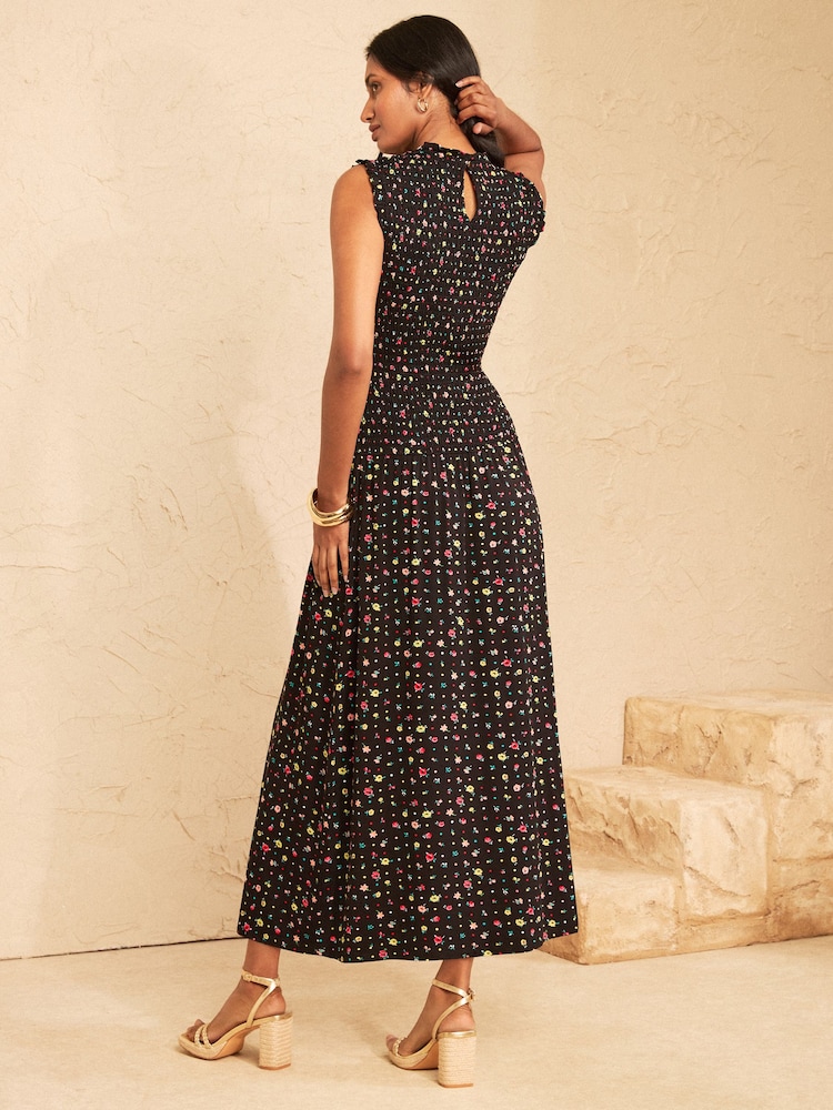 Love & Roses Black Floral Shirred Drop Waist Midi Dress - Image 4 of 4