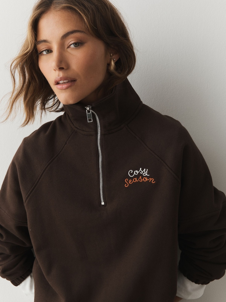 Brown Autumnal Graphic Quarter Zip Sweatshirt - Image 1 of 8