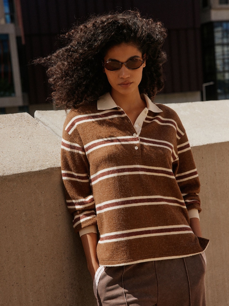 Brown Striped Cosy Rugby Top - Image 1 of 7 Brown Striped Cosy Rugby Top - Image 1 of 7