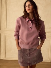 Pink Popper Neck Washed Rugby Sweat Top - Image 1 of 5