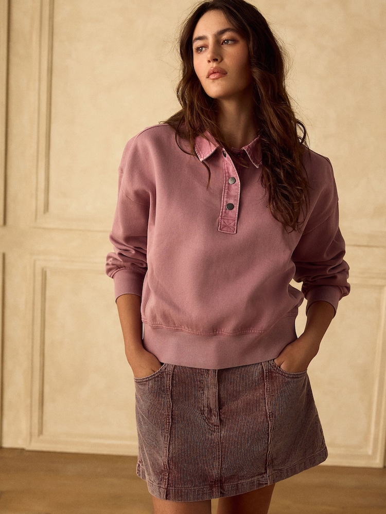 Pink Popper Neck Washed Rugby Sweat Top - Image 1 of 5