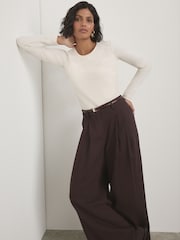 Ecru Fitted Crew Neck Long Sleeve T-Shirt - Image 1 of 5