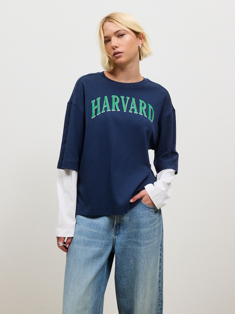 Navy Relaxed Fit Layered Long Sleeve T-Shirt - Image 1 of 5 Navy Relaxed Fit Layered Long Sleeve T-Shirt - Image 1 of 5