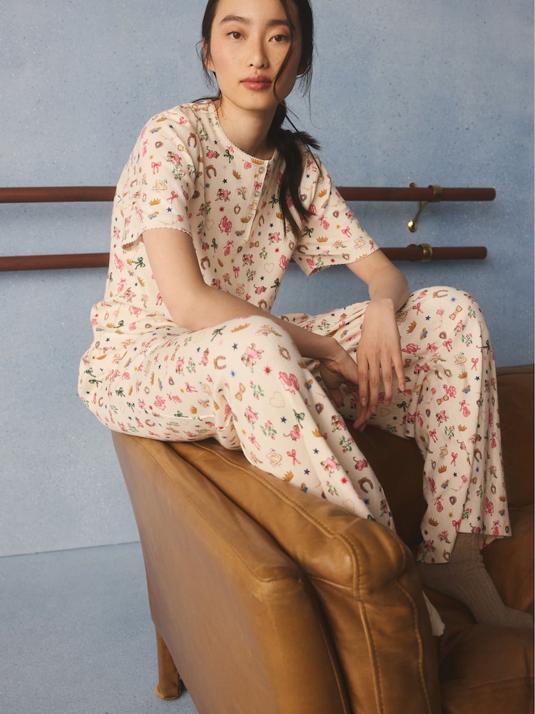 Cath Kidston Ecru/Pink Centre Stage Print Pointelle Pyjama Set - Image 1 of 3 Cath Kidston Ecru/Pink Centre Stage Print Pointelle Pyjama Set - Image 1 of 3