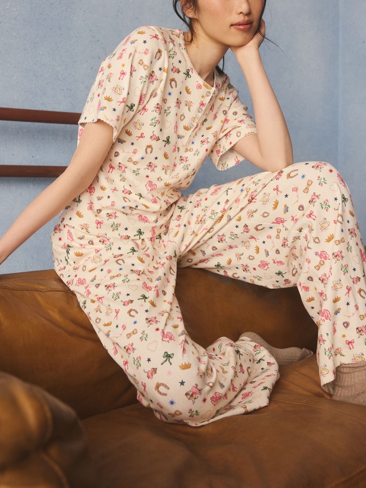 Cath Kidston Ecru/Pink Centre Stage Print Pointelle Pyjama Set - Image 3 of 3 Cath Kidston Ecru/Pink Centre Stage Print Pointelle Pyjama Set - Image 3 of 3