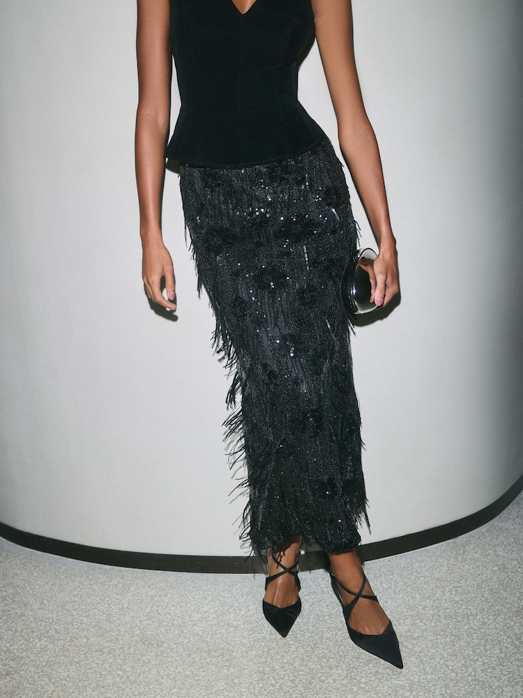 Friends Like These Black Fringe Sequin Velvet 2 in 1 Midi Dress - Image 2 of 4 Friends Like These Black Fringe Sequin Velvet 2 in 1 Midi Dress - Image 2 of 4