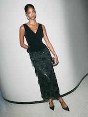 Friends Like These Black Fringe Sequin Velvet 2 in 1 Midi Dress - Image 3 of 4