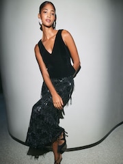 Friends Like These Black Fringe Sequin Velvet 2 in 1 Midi Dress - Image 4 of 4