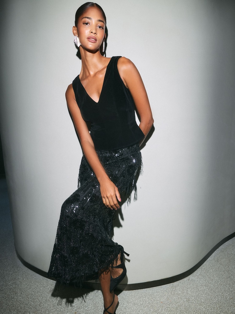 Friends Like These Black Fringe Sequin Velvet 2 in 1 Midi Dress - Image 4 of 4 Friends Like These Black Fringe Sequin Velvet 2 in 1 Midi Dress - Image 4 of 4