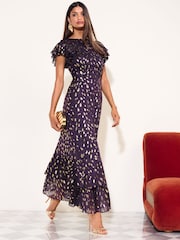 Friends Like These Aubergine Purple Ruffle Short Sleeve Metallic Foil Midi Dress - Image 1 of 5