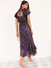 Friends Like These Aubergine Purple Ruffle Short Sleeve Metallic Foil Midi Dress - Image 4 of 5