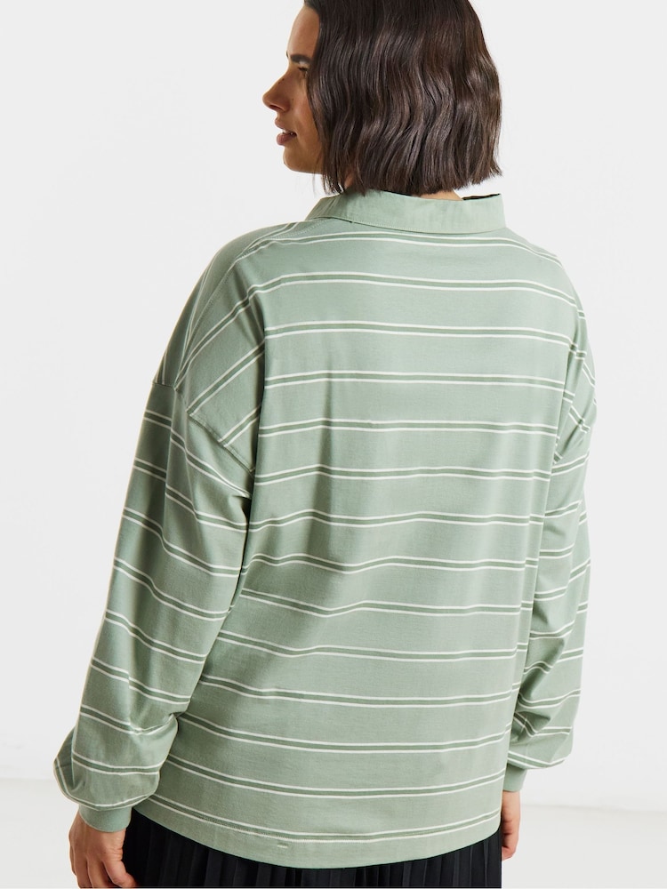 Simply Be Green Long Sleeved Striped Polo Neck Shirt - Image 2 of 4 Simply Be Green Long Sleeved Striped Polo Neck Shirt - Image 2 of 4