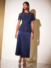 Friends Like These Navy Long Sleeve Lace Belted Satin Midi Dress - Image 1 of 6