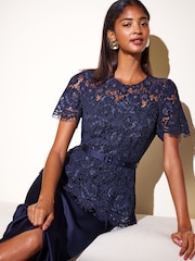 Friends Like These Navy Long Sleeve Lace Belted Satin Midi Dress - Image 2 of 6