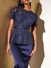 Friends Like These Navy Long Sleeve Lace Belted Satin Midi Dress - Image 3 of 6