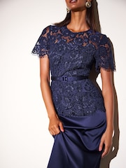 Friends Like These Navy Long Sleeve Lace Belted Satin Midi Dress - Image 4 of 6