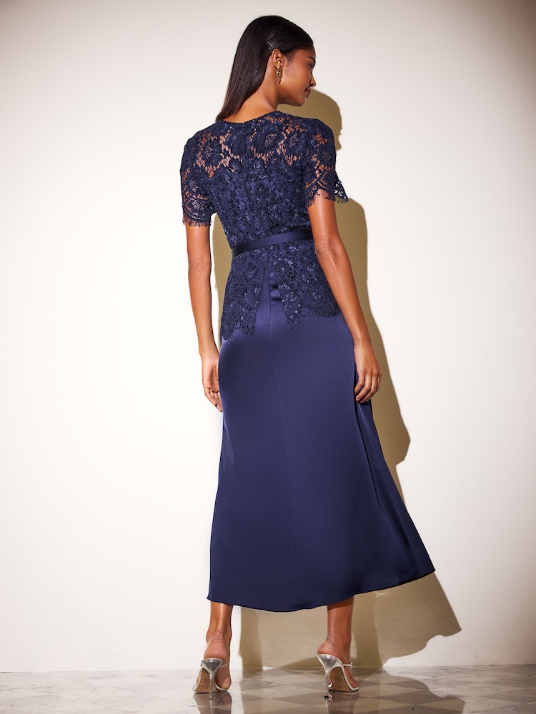 Friends Like These Navy Long Sleeve Lace Belted Satin Midi Dress - Image 6 of 6 Friends Like These Navy Long Sleeve Lace Belted Satin Midi Dress - Image 6 of 6