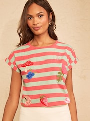 Love & Roses Green and Coral Stripe Crew Neck Embroidered T-Shirt - Image 1 of 5