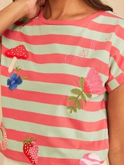 Love & Roses Green and Coral Stripe Crew Neck Embroidered T-Shirt - Image 2 of 5