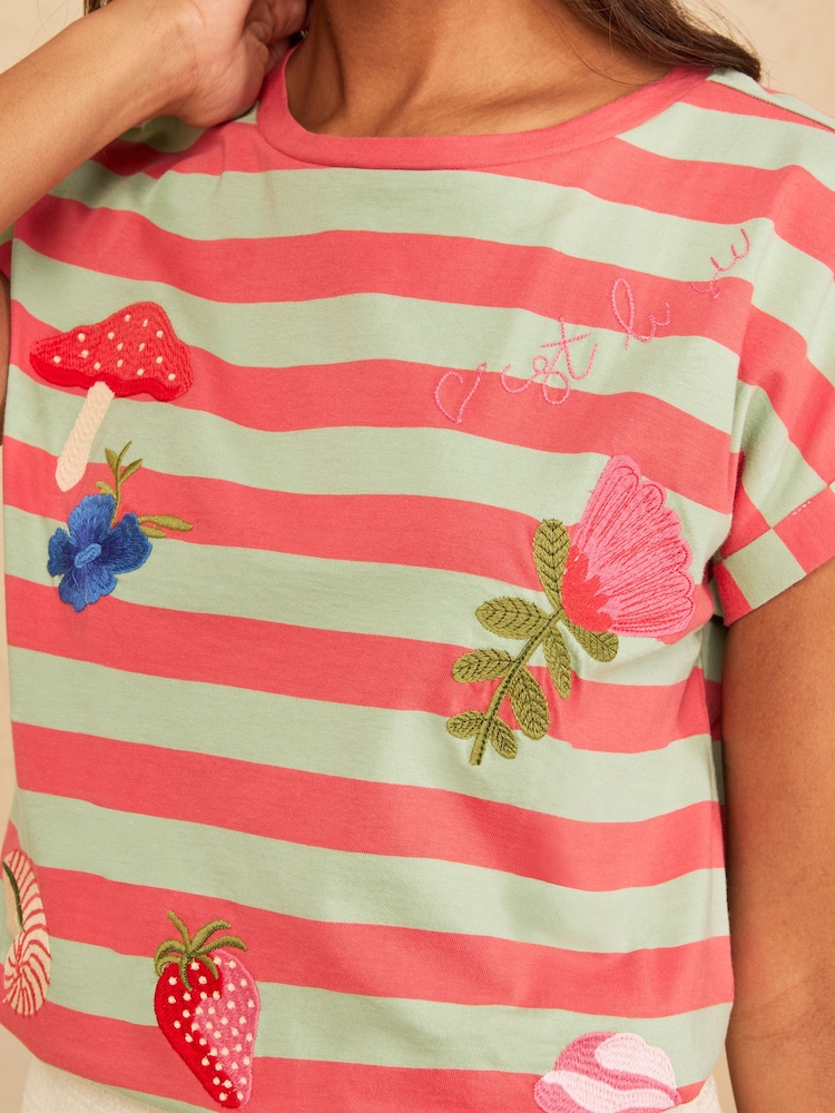 Love & Roses Green and Coral Stripe Crew Neck Embroidered T-Shirt - Image 2 of 5