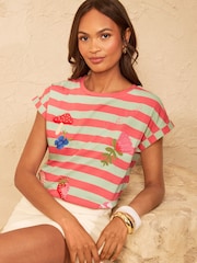 Love & Roses Green and Coral Stripe Crew Neck Embroidered T-Shirt - Image 4 of 5