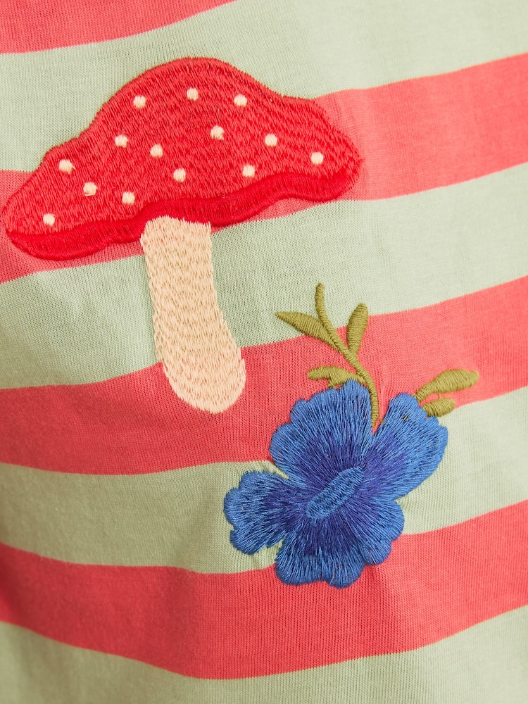 Love & Roses Green and Coral Stripe Crew Neck Embroidered T-Shirt - Image 5 of 5