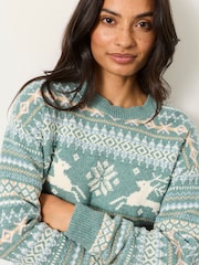 FatFace Light Teal Christmas Reindeer Knitted Crew Jumper - Image 2 of 6