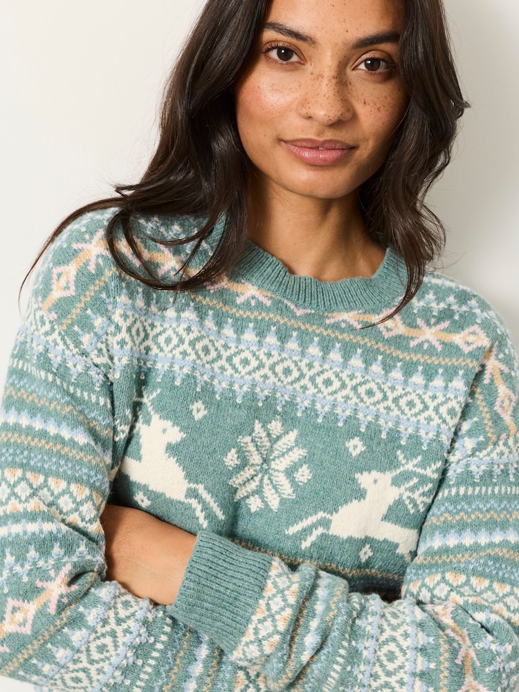 FatFace Light Teal Christmas Reindeer Knitted Crew Jumper - Image 2 of 6 FatFace Light Teal Christmas Reindeer Knitted Crew Jumper - Image 2 of 6