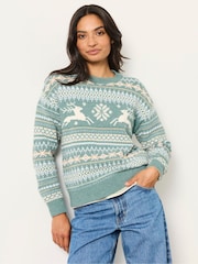 FatFace Light Teal Christmas Reindeer Knitted Crew Jumper - Image 3 of 6