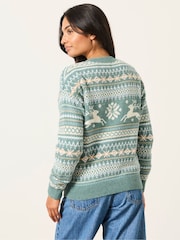 FatFace Light Teal Christmas Reindeer Knitted Crew Jumper - Image 4 of 6