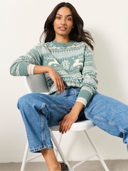 FatFace Light Teal Christmas Reindeer Knitted Crew Jumper - Image 5 of 6