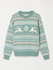 FatFace Light Teal Christmas Reindeer Knitted Crew Jumper - Image 6 of 6