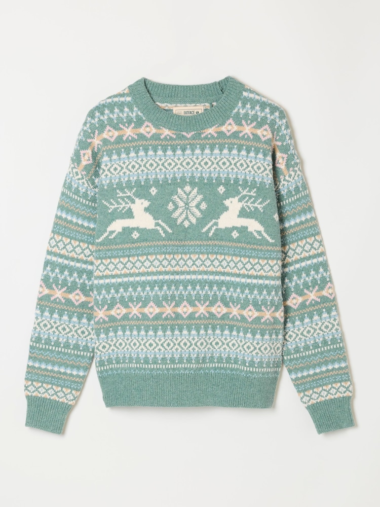 FatFace Light Teal Christmas Reindeer Knitted Crew Jumper - Image 6 of 6 FatFace Light Teal Christmas Reindeer Knitted Crew Jumper - Image 6 of 6