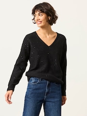 FatFace Skylar Black Knitted Sequin Sparkle Lace Tunic - Image 1 of 6