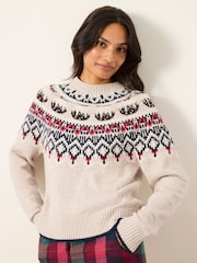 FatFace Natural Knitted Christmas Pudding Fairisle Jumper - Image 1 of 6
