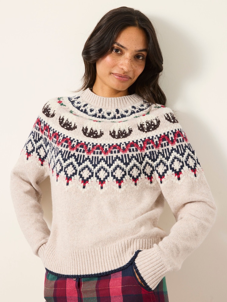 FatFace Natural Knitted Christmas Pudding Fairisle Jumper - Image 1 of 6 FatFace Natural Knitted Christmas Pudding Fairisle Jumper - Image 1 of 6