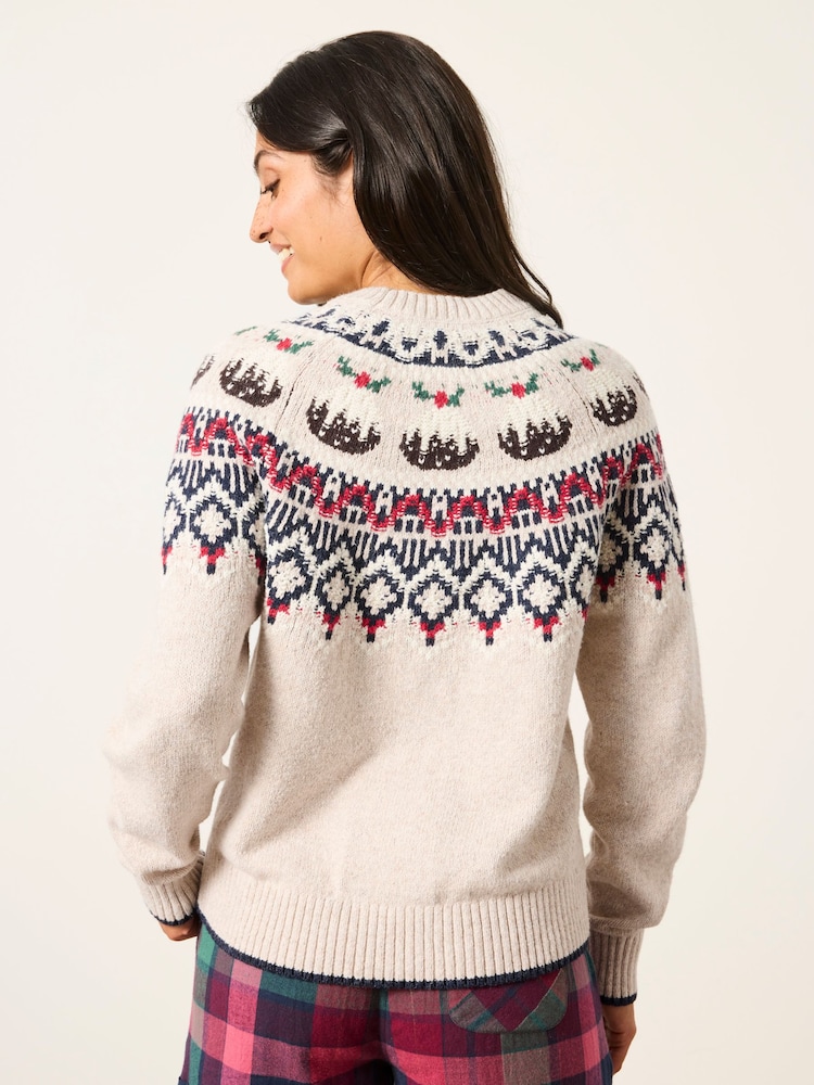 FatFace Natural Knitted Christmas Pudding Fairisle Jumper - Image 2 of 6 FatFace Natural Knitted Christmas Pudding Fairisle Jumper - Image 2 of 6