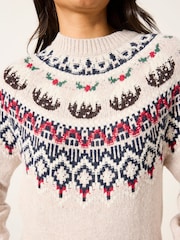 FatFace Natural Knitted Christmas Pudding Fairisle Jumper - Image 3 of 6