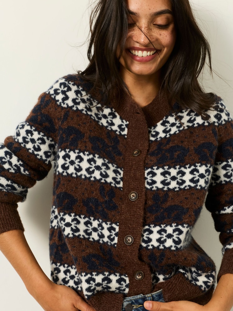 FatFace Rabbit Fairisle Brown Knitted Crew Cardigan - Image 1 of 5