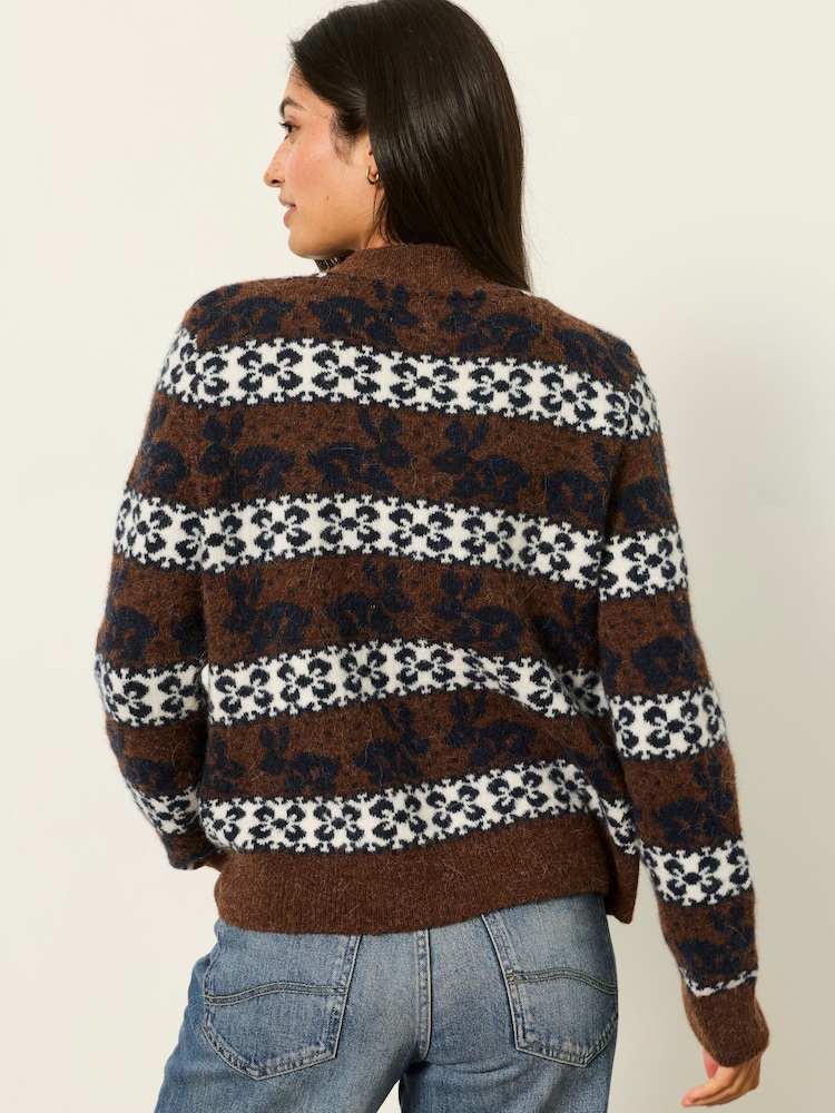 FatFace Rabbit Fairisle Brown Knitted Crew Cardigan - Image 2 of 5