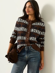 FatFace Rabbit Fairisle Brown Knitted Crew Cardigan - Image 3 of 5