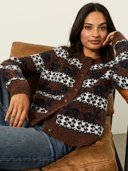 FatFace Rabbit Fairisle Brown Knitted Crew Cardigan - Image 4 of 5