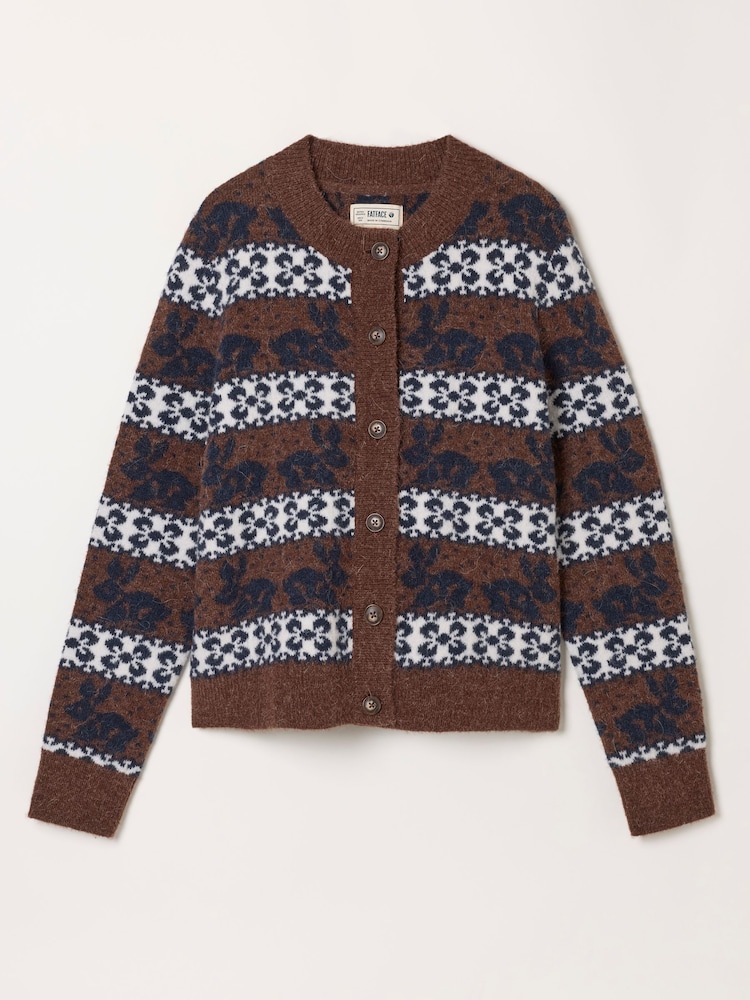 FatFace Rabbit Fairisle Brown Knitted Crew Cardigan - Image 5 of 5